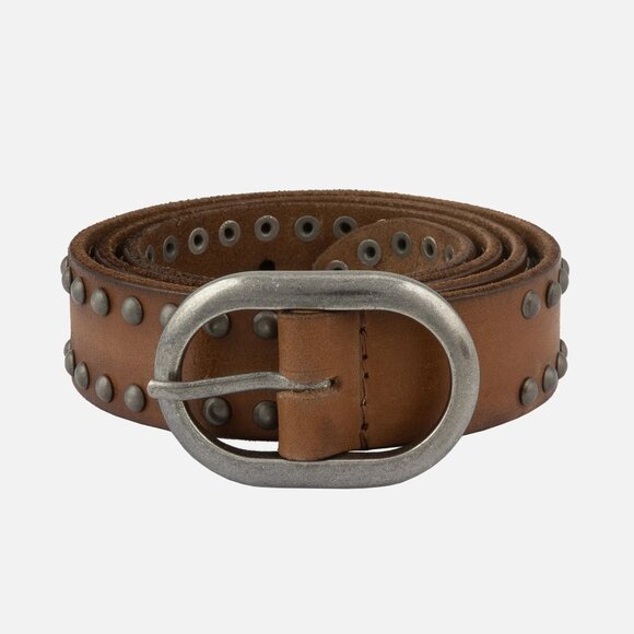 CAMEL TONE LEATHER BELT WITH ANTIQUE PEWTER TONE STUDS AND BUCKLE main image 4